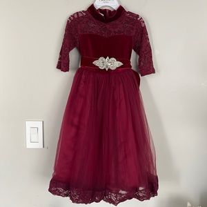 Just Couture Kids Full-length Maroon Sheer Lace Velvet Girls Dress Size 2